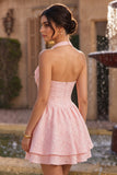 Pink A-Line Cowl Neck Corset Tiered Homecoming Dress