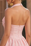Pink A-Line Cowl Neck Corset Tiered Homecoming Dress