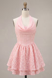 Pink A-Line Cowl Neck Corset Tiered Homecoming Dress