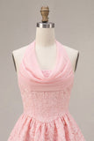 Pink A-Line Cowl Neck Corset Tiered Homecoming Dress