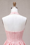 Pink A-Line Cowl Neck Corset Tiered Homecoming Dress