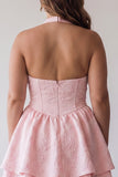 Pink Cowl Neck Corset A-Line Tiered Plus Size Homecoming Dress