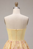 Light Yellow A-Line Strapless Floral Embroidered Homecoming Dress