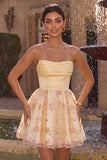 Light Yellow A-Line Strapless Floral Embroidered Homecoming Dress