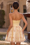 Light Yellow A-Line Strapless Floral Embroidered Homecoming Dress