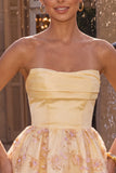 Light Yellow A-Line Strapless Floral Embroidered Homecoming Dress