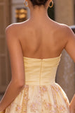Light Yellow A-Line Strapless Floral Embroidered Homecoming Dress