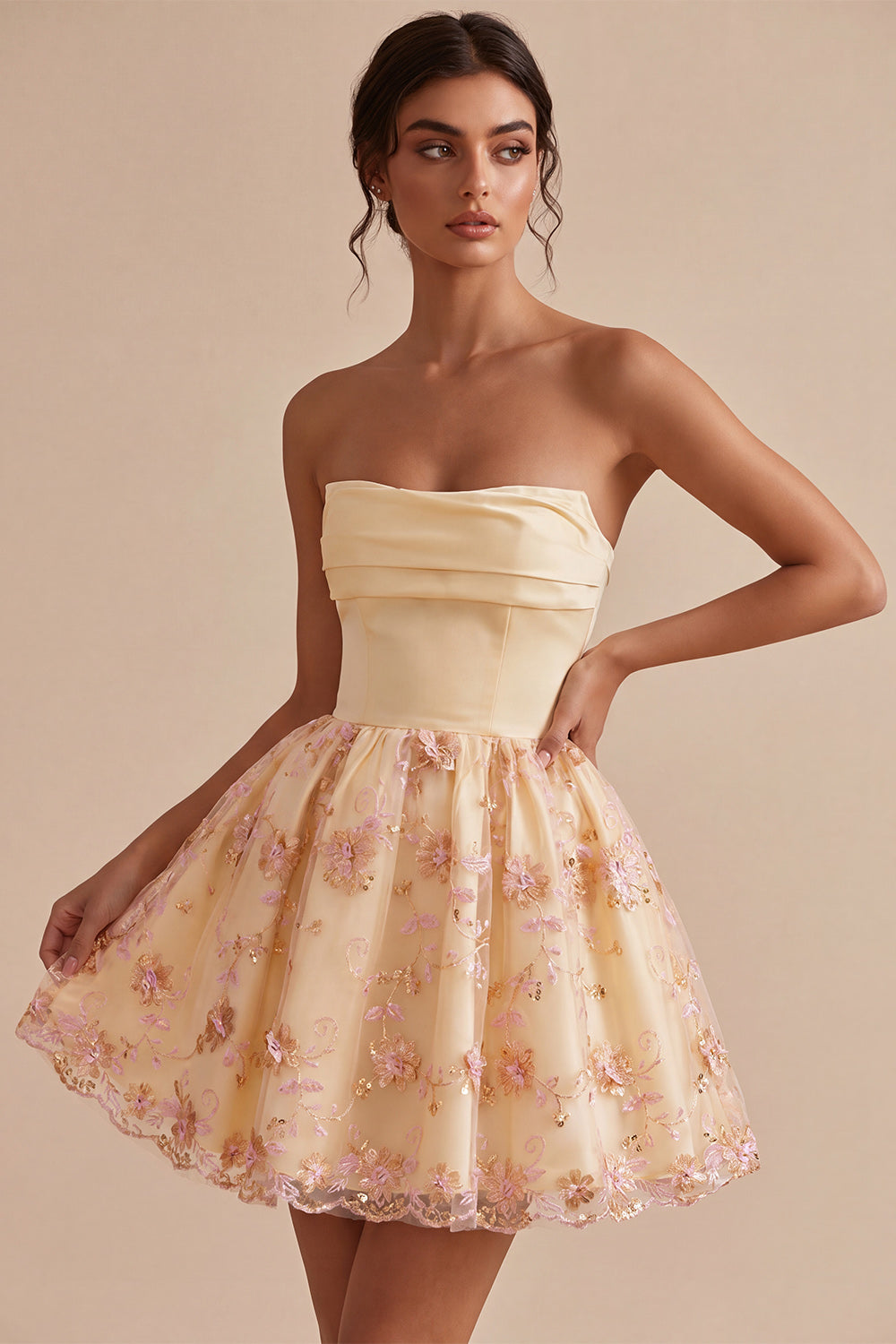 ZAPAKA Women Light Yellow A-Line Homecoming Dress Strapless Floral Embroidered Short Cocktail Dress, Light Yellow / US16W