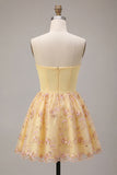 Light Yellow A-Line Strapless Floral Embroidered Homecoming Dress
