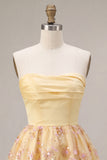 Light Yellow A-Line Strapless Floral Embroidered Homecoming Dress
