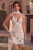 Sparkly White Pink Flower Bodycon Sequins Homecoming Dress with Fringes
