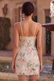 Sparkly White Pink Flower Bodycon Sequins Homecoming Dress with Fringes