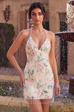 Sparkly White Pink Flower Bodycon Sequins Homecoming Dress with Fringes