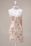 Sparkly White Pink Flower Bodycon Sequins Homecoming Dress with Fringes