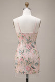 Sparkly White Pink Flower Bodycon Sequins Homecoming Dress with Fringes