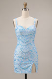 Sparkly Sky Blue Bodycon Thick Straps Sequins Homecoming Dress with Slit