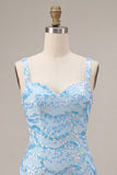 Sparkly Sky Blue Bodycon Thick Straps Sequins Homecoming Dress with Slit