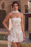Sparkly White Pink Flower A-Line Strapless Sequins Homecoming Dress with Neck Scarf