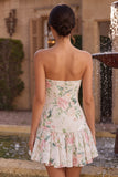 Sparkly White Pink Flower A-Line Strapless Sequins Homecoming Dress with Neck Scarf