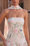 Sparkly White Pink Flower A-Line Strapless Sequins Homecoming Dress with Neck Scarf