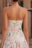 Sparkly White Pink Flower A-Line Strapless Sequins Homecoming Dress with Neck Scarf