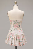 Sparkly White Pink Flower A-Line Strapless Sequins Homecoming Dress with Neck Scarf
