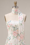 Sparkly White Pink Flower A-Line Strapless Sequins Homecoming Dress with Neck Scarf