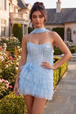 Sky Blue Corset Tiered Sequins A-Line Strapless Homecoming Dress with Neck Scarf