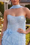 Sky Blue Corset Tiered Sequins A-Line Strapless Homecoming Dress with Neck Scarf