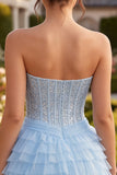 Sky Blue Corset Tiered Sequins A-Line Strapless Homecoming Dress with Neck Scarf