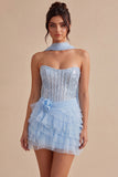 Sky Blue Corset Tiered Sequins A-Line Strapless Homecoming Dress with Neck Scarf
