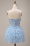 Sky Blue Corset Tiered Sequins A-Line Strapless Homecoming Dress with Neck Scarf