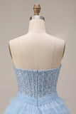 Sky Blue Corset Tiered Sequins A-Line Strapless Homecoming Dress with Neck Scarf
