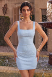 Sky Blue Square Neck Bodycon Homecoming Dress with Beading