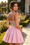A-Line Pink Floral Spaghetti Straps Homecoming Dress with Sequins