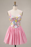 A-Line Pink Floral Spaghetti Straps Homecoming Dress with Sequins
