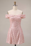 Sparkly Pink A-Line Off the Shoulder Sequins Homecoming Dress