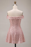 Sparkly Pink A-Line Off the Shoulder Sequins Homecoming Dress