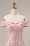 Sparkly Pink A-Line Off the Shoulder Sequins Homecoming Dress