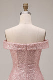 Sparkly Pink A-Line Off the Shoulder Sequins Homecoming Dress