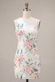 Sparkly White Pink Flower Bodycon Sequins Homecoming Dress