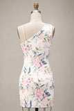 Sparkly White Pink Flower Bodycon Sequins Homecoming Dress