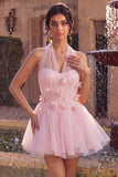Pink A-Line Tulle Corset Homecoming Dress with 3D Flowers