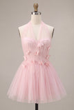 Pink A-Line Tulle Corset Homecoming Dress with 3D Flowers