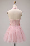 Pink A-Line Tulle Corset Homecoming Dress with 3D Flowers