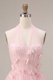 Pink A-Line Tulle Corset Homecoming Dress with 3D Flowers