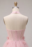 Pink A-Line Tulle Corset Homecoming Dress with 3D Flowers