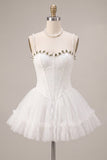 Lace Sweetheart White A-Line Corset Short Homecoming Dress with Ruffles