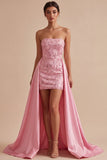 Strapless Pink Bodycon Sequins Homecoming Dress with Sash