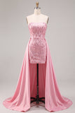 Strapless Pink Bodycon Sequins Homecoming Dress with Sash